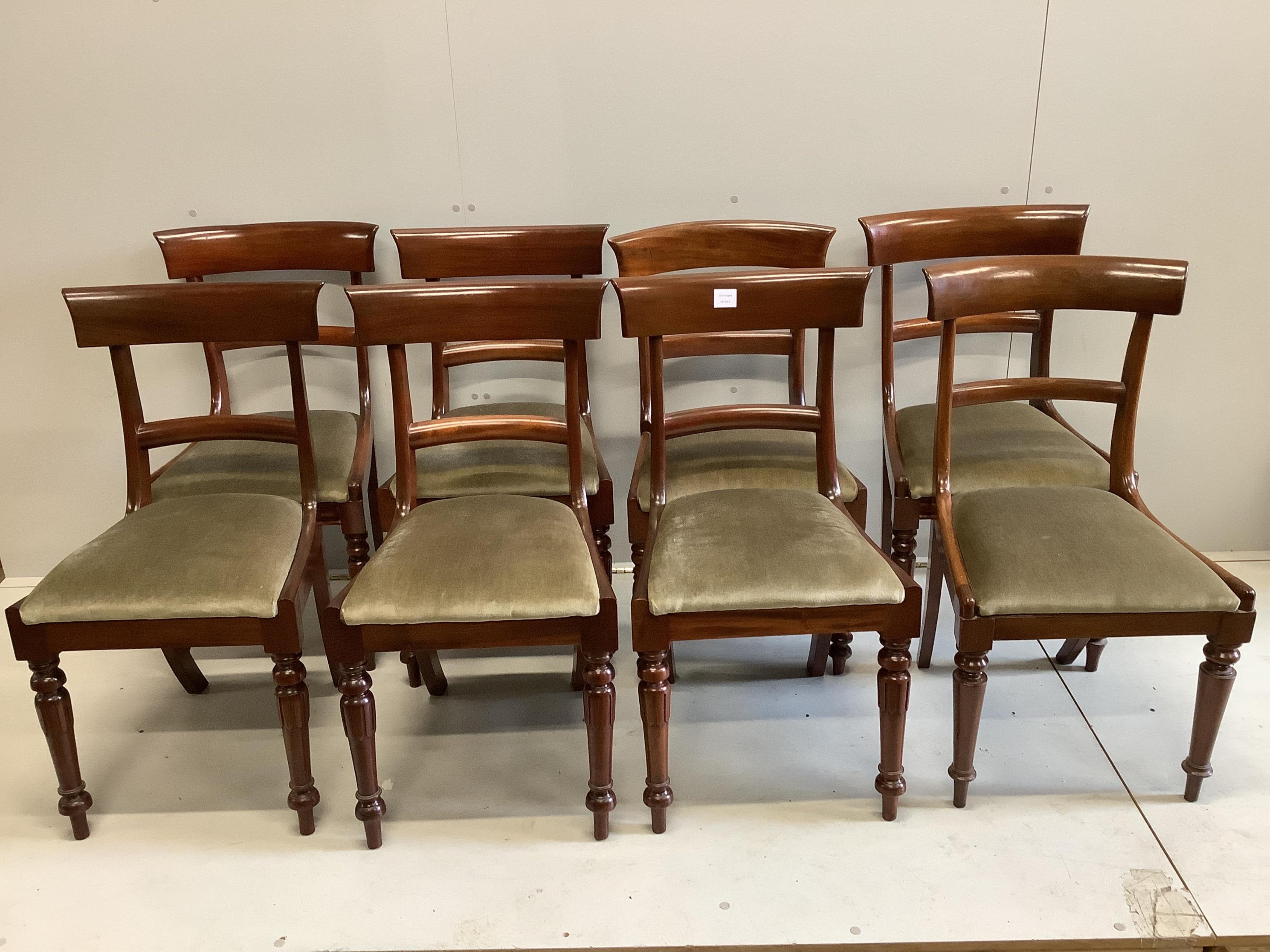 A harlequin set of four William IV mahogany dining chairs and four similar reproduction dining chairs. Condition - good